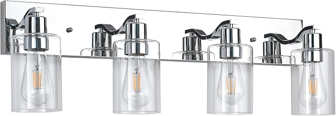 4 Lights Bathroom Light Fixtures Chrome Vanity Light with Clear Glass Shade 30in Modern Bathroom Lighting Fixtures Over Mirror for Bedroom/Living Room