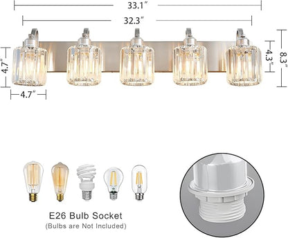 Modern Crystal Bathroom Vanity Light 5 Light Brushed Nickel Vanity Lighting Over Mirror Bathroom Wall Lighting Fixtures with Round Shade (Exclude Bulb)