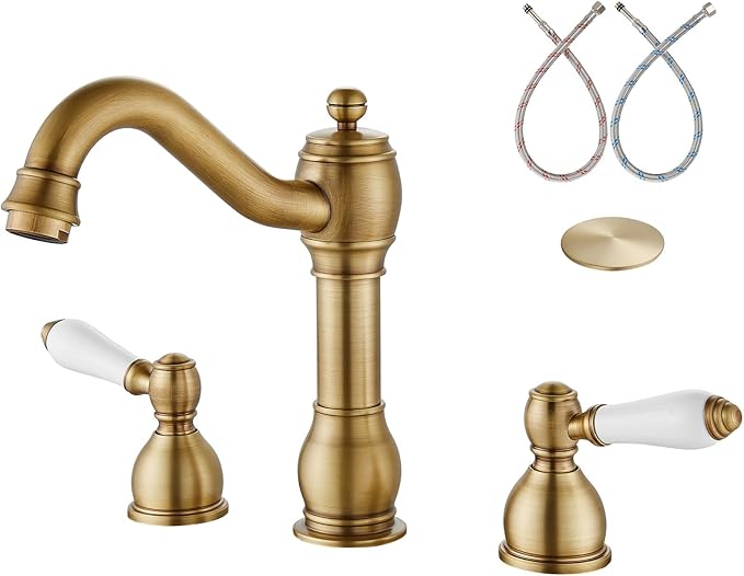 Aolemi 8 Inch Widespread Bathroom Sink Faucet 3 Hole Deck Mount Vanity Basin Mixer Tap with Pop Up Drain Assembly Antique Brass Double Ceramic Handle