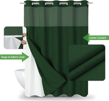 eachope No Hook Fabric Shower Curtain with Snap-in Liner,71x80 Emerald Green