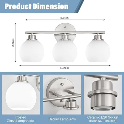 Brushed Nickel Bathroom Light Fixtures, 3-Light Modern Vanity Lights Over Mirror with Clear Glass Globe Shade, Bathroom Wall Sconces for Mirror