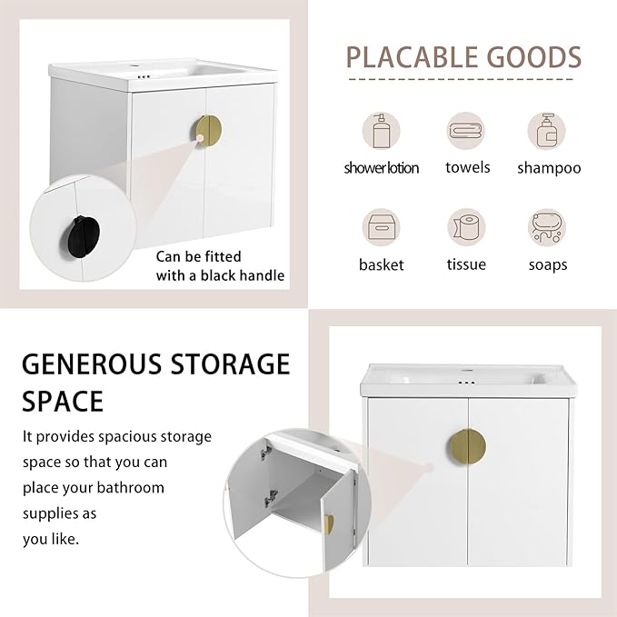 24inch Wall Mount Bathroom Vanity w/Sink Combo for Small Space, Ceramic Countertop Double Doors Modern Bathroom Vanity Cabinet, Floating White Bathroom Vanity and Sink Set w/Gold Handle