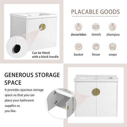 24inch Wall Mount Bathroom Vanity w/Sink Combo for Small Space, Ceramic Countertop Double Doors Modern Bathroom Vanity Cabinet, Floating White Bathroom Vanity and Sink Set w/Gold Handle