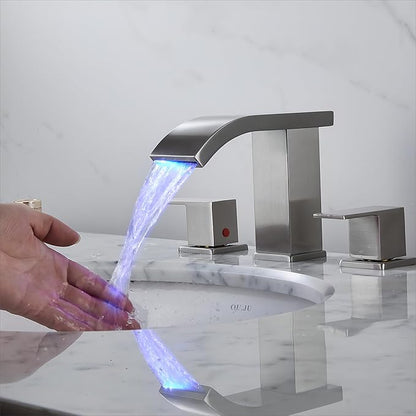 Bathroom faucets 3 Hole Widespread Brushed Nickel Bathroom Sink Faucet 8 inch LED Light Modern 3 Hole Vanity Faucet Bathroom with Pop Up Drain (Brushed Nickel)