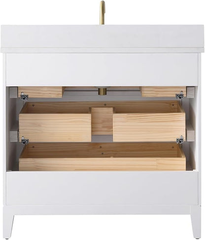 Vanity Art 36" Bathroom Vanity with Single Sink & Arabescato White Engineered Stone Top, Vanity Cabinet with Soft Closing Door, Solid Wood Frame, Golden Brushed Handles, White VA8136-W-GB