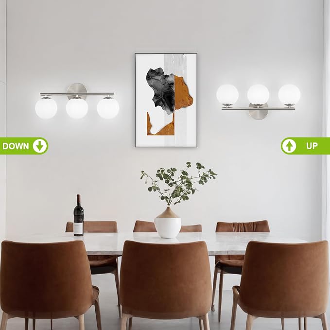 foucasal Brushed Nickel 3-Light Globe Vanity Light Fixture Over Mirror | G9 Socket, Plastic Milk Globe Shades, 4.72" Base, 10W Max, Adjustable Up/Down Light, Mid Century Style for Bathroom Bedroom