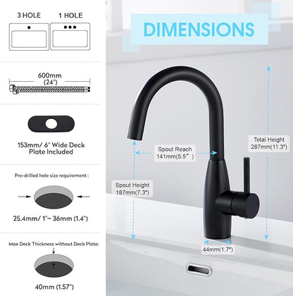 CREA Bar Sink Faucet, Sink Faucets Single Hole Black for Bathroom Kitchen Campers with Deck Plate Prep Wet Utility Small Mini Outdoor Vessel Farmhouse Vanity Lavatory