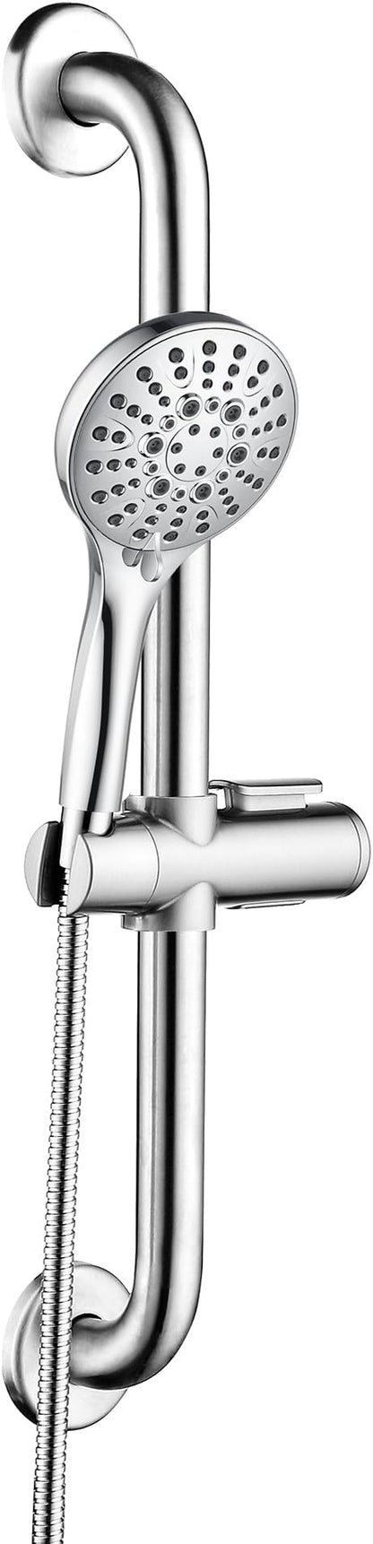 BRIGHT SHOWERS Stainless Steel Grab Bar Set – Includes Handheld Shower Head with Extra Long Hose, Shower Head and Hose Chrome Plated