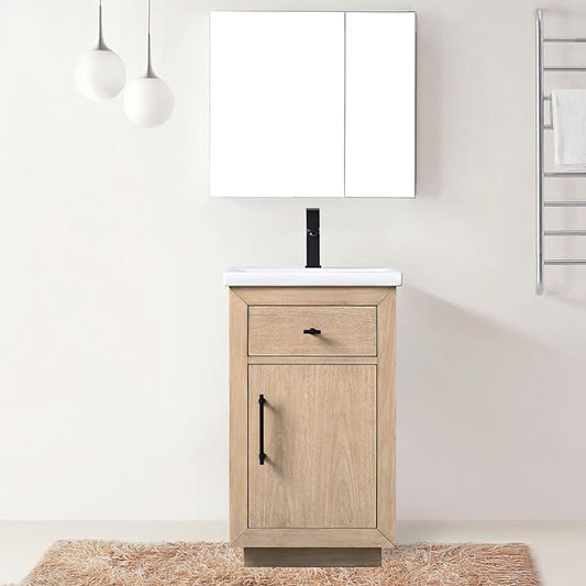 Vanity Art 20 inch Small Bathroom Vanity with Sink, Vanity Cabinet with Doors and Removable Shelf, Modern Wood Cabinet with Marble Top, Solid Wood Frame, Ceramic Sink,VA70-20-LW-E