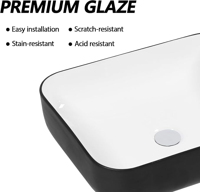 20x15 inch Rectangular Vessel Sink Above Counter Bathroom Sink | Black and White Bathroom Vessel Sink Above Counter Ceramic Porcelain Bathroom Vanity Sink Art Basin