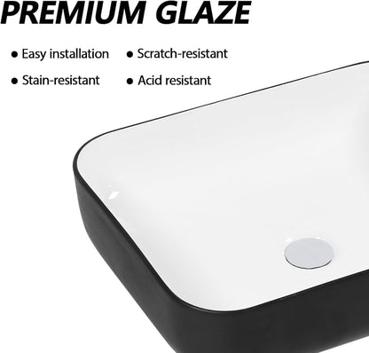 20x15 inch Rectangular Vessel Sink Above Counter Bathroom Sink | Black and White Bathroom Vessel Sink Above Counter Ceramic Porcelain Bathroom Vanity Sink Art Basin