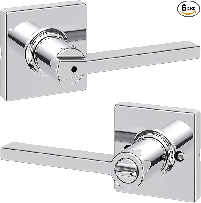 Kwikset Casey Interior Privacy Door Handle with Lock, Door Lever for Bathroom and Bedroom, Polished Chrome Reversible Keyless Turn Lock (Pack of 6)