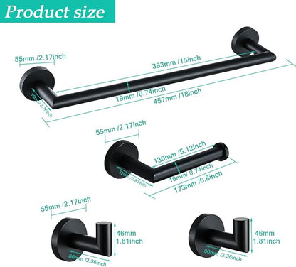 Matte Black Bathroom Hardware Accessories Set 4 Pieces,18 Inch Towel Bar,Toilet Paper Holder,Towel Hooks,SUS 304 Stainless Steel Wall Mounted Bathroom Towel Bar Set,SE96018S-4MB