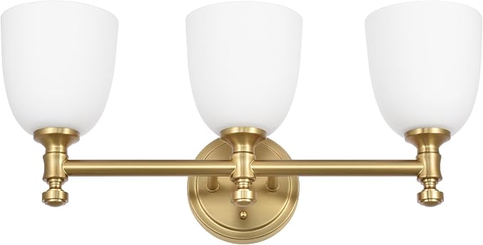 Gold Bathroom Vanity Light, 3-Light Bathroom Light Fixtures Over Mirror, Traditional Vanity Lights for Living Room, Milk White Bell Glass Shades, Standard E26 Base, Aged Brass