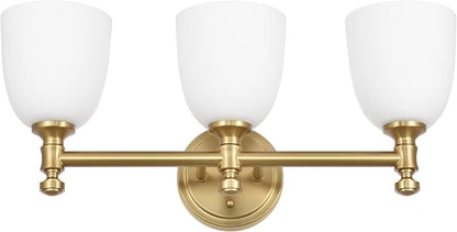 Gold Bathroom Vanity Light, 3-Light Bathroom Light Fixtures Over Mirror, Traditional Vanity Lights for Living Room, Milk White Bell Glass Shades, Standard E26 Base, Aged Brass
