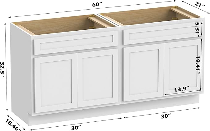 Vanity Art 60 Inch Bathroom Base Cabinet Only, Double Sink Top (Not Include Sink) with Door & Soft Close Hinge, Unassembled Floor Cabinet, White, 2ea 30 Inch Combo