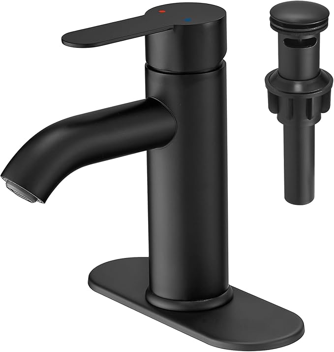 VOTON Matte Black Bathroom Sink Faucet, Single Handle Stainless Steel for 1 or 3 Hole Faucet for Bathroom Sink with Deck, Pop-up Drain and Supply Hoses