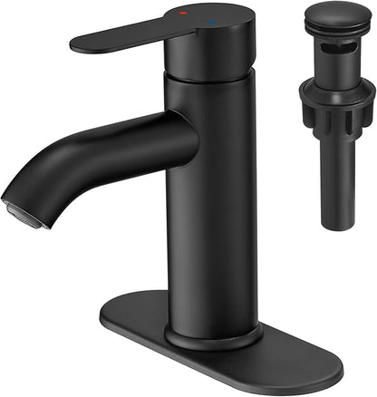 VOTON Matte Black Bathroom Sink Faucet, Single Handle Stainless Steel for 1 or 3 Hole Faucet for Bathroom Sink with Deck, Pop-up Drain and Supply Hoses