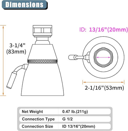 Angle Simple Shower Head High Pressure, Brass Shower Sprayer G 1/2, Chrome | High Flow Rinsing, Swivel Joint to Change Position, Adjustable Lever for Gentle Stream, Use in Bathroom or Outdoor