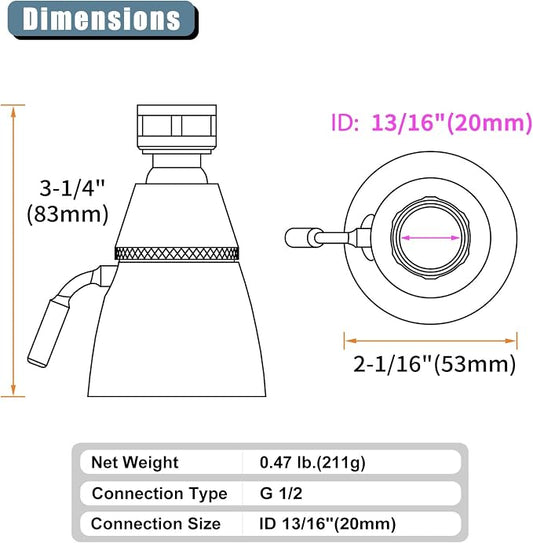 Angle Simple Shower Head High Pressure, Brass Shower Sprayer G 1/2, Chrome | High Flow Rinsing, Swivel Joint to Change Position, Adjustable Lever for Gentle Stream, Use in Bathroom or Outdoor