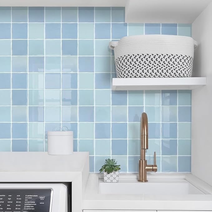 Thicker 3D Peel and Stick Backsplash Tiles, 10 Pcs 12" x 12" | Vintage Blue, Glossy Self Adhesive Backsplash Wall Sticker for Renter Friendly Bathroom DIY Wall Makeover, Cover 10 sq ft
