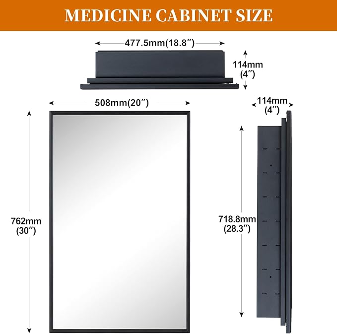 Black Bathroom Medicine Cabinet with Mirror Squared Rectangle Metal Frame Recessed Or Wall Mounted Single Door Storage Medicine Cabinets with 3 Adjustable Shelves (Black, 20 * 30'')