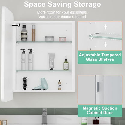 20x28 Inch Medicine Cabinet with Mirror, Recessed or Surface Mount Bathroom Medicine Cabinet with LED Lights, Anti-Fog, Memory Function, Adjustable Shelf, Dimmable Light, ETL Listed, White,Left Hinge