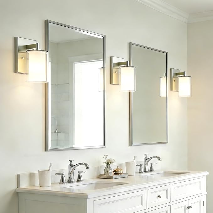 Wall Sconces Set of Two, Modern Brushed Nickel Vanity Wall Lights | Double Clear Glass Shades With E26 Base, Farmhouse Wall Lights For Bathroom, Bedroom, Living Room, Mirror And Hallway.