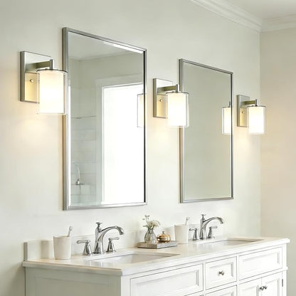 Wall Sconces Set of Two, Modern Brushed Nickel Vanity Wall Lights | Double Clear Glass Shades With E26 Base, Farmhouse Wall Lights For Bathroom, Bedroom, Living Room, Mirror And Hallway.