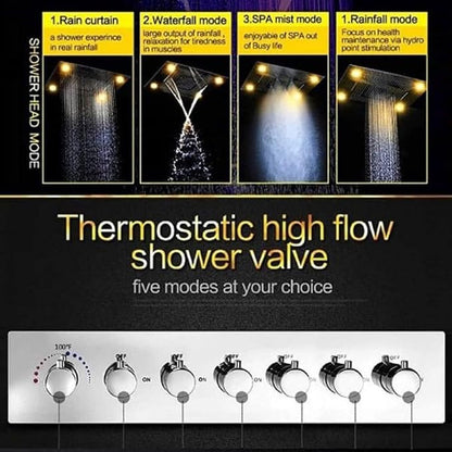 Cascada Classic Design 23"x31" Large shower Set with Waterfall LED rectangle recessed 4 function shower head, massaging body jets & handheld (23"x31", Antique Brass) | Luxurious 6 Functions (Rainfall, Waterfall, Curtain, Misty, Body Jets & Handheld) | ...