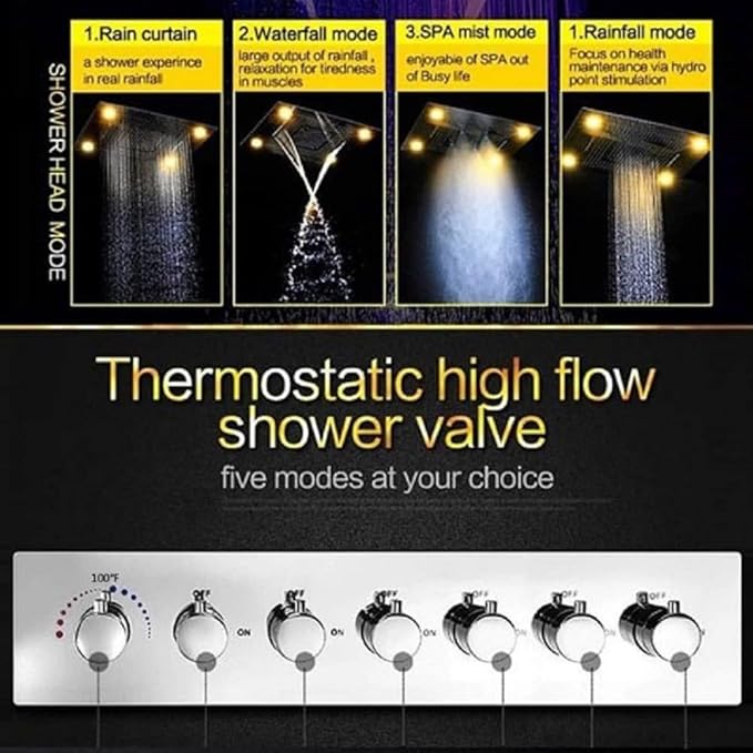 Cascada Classic 23"x31" Large Rain Shower Set With Waterfall LED Rectangle 4 Function Shower Head, Massaging Body Jets & Handheld, Brushed Nickel | Luxurious 6 Functions (Rainfall, Waterfall, Curtain, Misty, Body Jets & Handheld) | 7 Knob Valve (NON Mu...