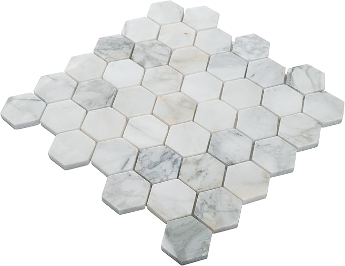 MSI Calacatta Cressa 12 in. x 12 in. Hexagon Honed Marble Tile – Kitchen Backsplash, Bathroom Wall, Accent or Shower Wall, Mesh-Mounted Mosaic, White