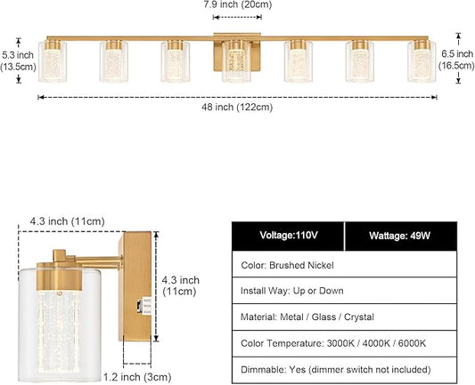 SineRise 7-Light Gold Vanity Light with 3 Color Modes (3000K/4000K/6000K), Eye Protection LED Bathroom Light Fixture, Dimmable Modern Wall Light Over Mirror with Clear Glass Shade