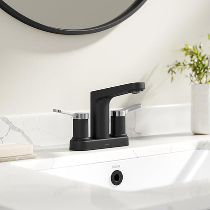 KRAUS Indy Centerset Bathroom Faucet in Spot-Free Brushed Nickel/Matte Black with 2 Handles, Pop Up Drain and Supply Lines, FUS-14102SFBNMB