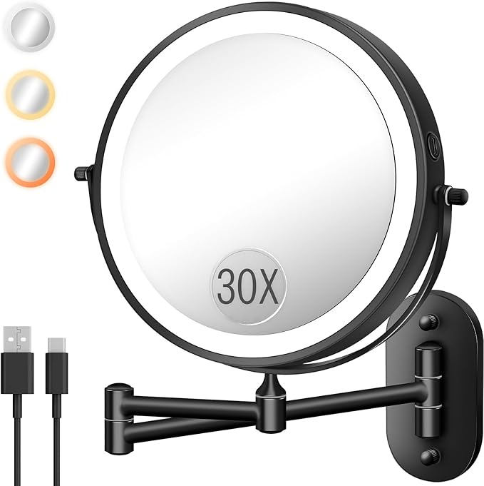 30X/1X 8 Inch Wall Mounted Magnifying Makeup Mirror with Light for Bathroom | 3500mAh Double Sided Rechargeable LED Lighted Vanity Mirror with Magnification 3 Color Light up Extended Arm 360 Rotation