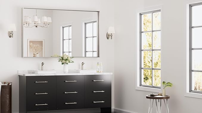 Keonjinn 60x36 Inch Nickel Bathroom Mirror for Over Sink, Modern Farmhouse | HD Tempered Glass, Vanity Mirror, Brushed Framed, Square Corner, Rectangular, Wall Mounted Mirrors, Aluminum Alloy