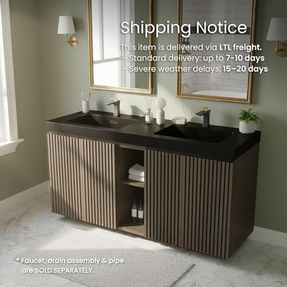60" Double Bathroom Vanity with Sink Combo, Mid Century Modern Bathroom Cabinet with Doors & Shelves, Black Integrated Sink with Overflow, Smoked Oak
