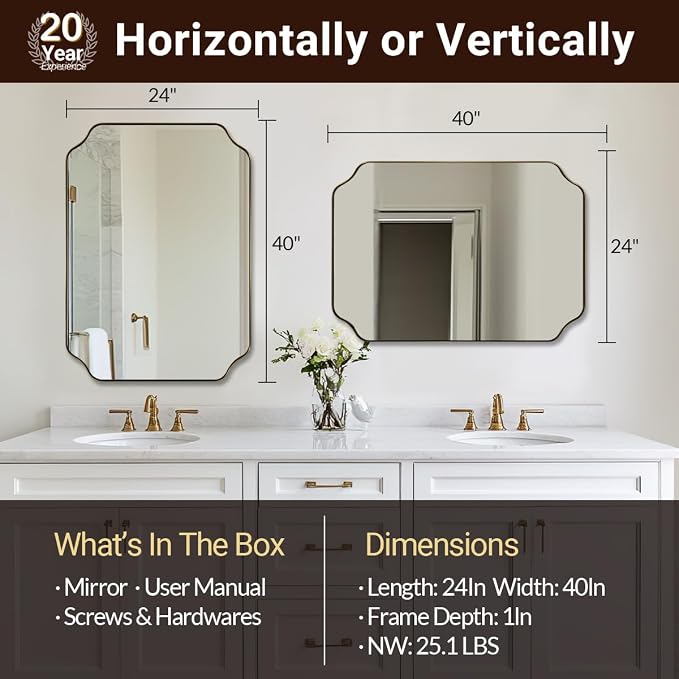24"x40" Gold Mirror, Brushed Brass Scalloped Wall Mirror, Unique Rectangle Mirror, Bathroom Vanity Mirror in Anti-Rust Stainless Steel Metal Frame 1’’ Deep, Hangs Vertically/Horizontally