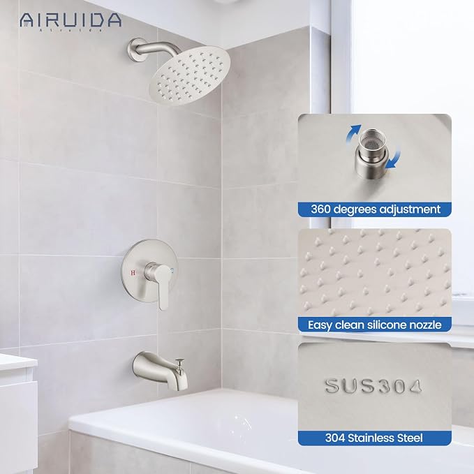 Airuida Shower Faucet Set with Tub Spout,6" Bathtub Faucet-Brushed Nickel | Male Threads Rough-In Valve,Round Head Shower System,Tub and Shower Kit Set