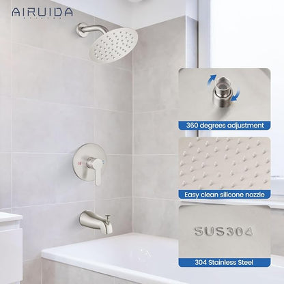 Airuida Shower Faucet Set with Tub Spout,6" Bathtub Faucet-Brushed Nickel | Male Threads Rough-In Valve,Round Head Shower System,Tub and Shower Kit Set
