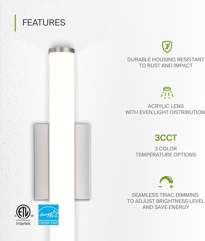 ASD 18" LED Linear Vanity Light Fixture, Modern Bathroom Sconce — 3 Color 3000K-5000K, Dimmable, 20W 1500LM, Energy Star & ETL Listed — Over Mirror Makeup Bar for Bedroom, Cabinets — Nickel, 4 Pack