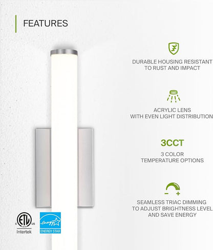 ASD 18" LED Linear Vanity Light Fixture, Modern Bathroom Sconce — 3 Color 3000K-5000K, Dimmable, 20W 1500LM, Energy Star & ETL Listed — Over Mirror Makeup Bar for Bedroom, Cabinets — Nickel, 4 Pack