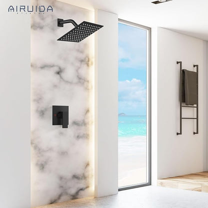 Airuida Matte Black Shower Faucet Set,8 Inch Shower Valve Kit | Square Showerhead,Female Thread Rough-in Valve,Bathroom Rain Shower System,Single Function Handle