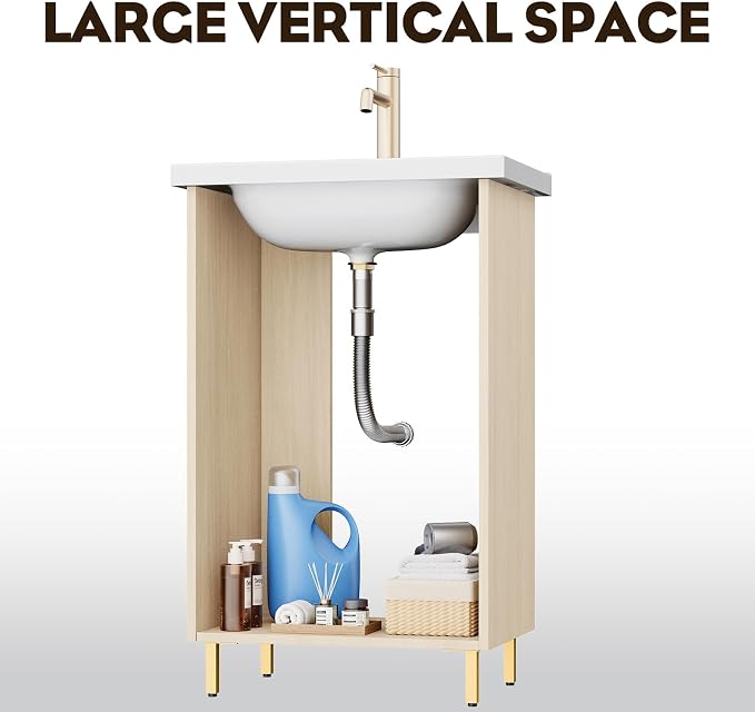 20 Inch Oak Pre-Assembled Small Bathroom Vanity Freestanding Cabinet with Ceramic Sink, Soft-Close Door, Space-Saving Design, No Faucet,BV05-20-OAK-JH