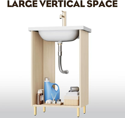 20 Inch Oak Pre-Assembled Small Bathroom Vanity Freestanding Cabinet with Ceramic Sink, Soft-Close Door, Space-Saving Design, No Faucet,BV05-20-OAK-JH