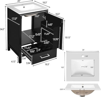 20" Freestanding Bathroom Vanity with Sink, Floor Stand Bathroom Storage Cabinet with Ceramic Sink, Door with Double-Layered Storage Shelves, Modern Compact Vanity with Divided Drawer, Black