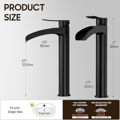 Phiestina Matte Black Tall Bathroom Vessel Sink Faucet, Waterfall Single Hole Single Handle Above Countertop Sink Bathroom Faucet, with Metal Pop Up Drain and Water Supply Lines, NS-SF01-MB-V