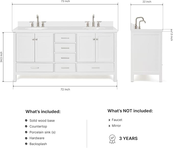 ARIEL Cambridge 72-inch Bathroom Vanity with Sink,Solid Wood, 1.5-inch Pure White Quartz Countertop & Backsplash, Double Oval Porcelain Sink, 4 Soft Closing Doors, 6 Dovetail Drawers, White