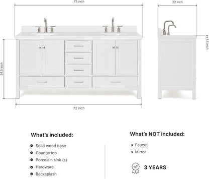 ARIEL Cambridge 72-inch Bathroom Vanity with Sink,Solid Wood, 1.5-inch Pure White Quartz Countertop & Backsplash, Double Oval Porcelain Sink, 4 Soft Closing Doors, 6 Dovetail Drawers, White