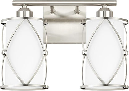 2-Light Brushed Nickel Bathroom Light Fixtures with Milk Frosted Glass, 13" Modern Bathroom Vanity Lighting Fixtures Over Mirror with Metal Cage, Wall Sconce Light for Bath, E26, CH9176BNW-2W